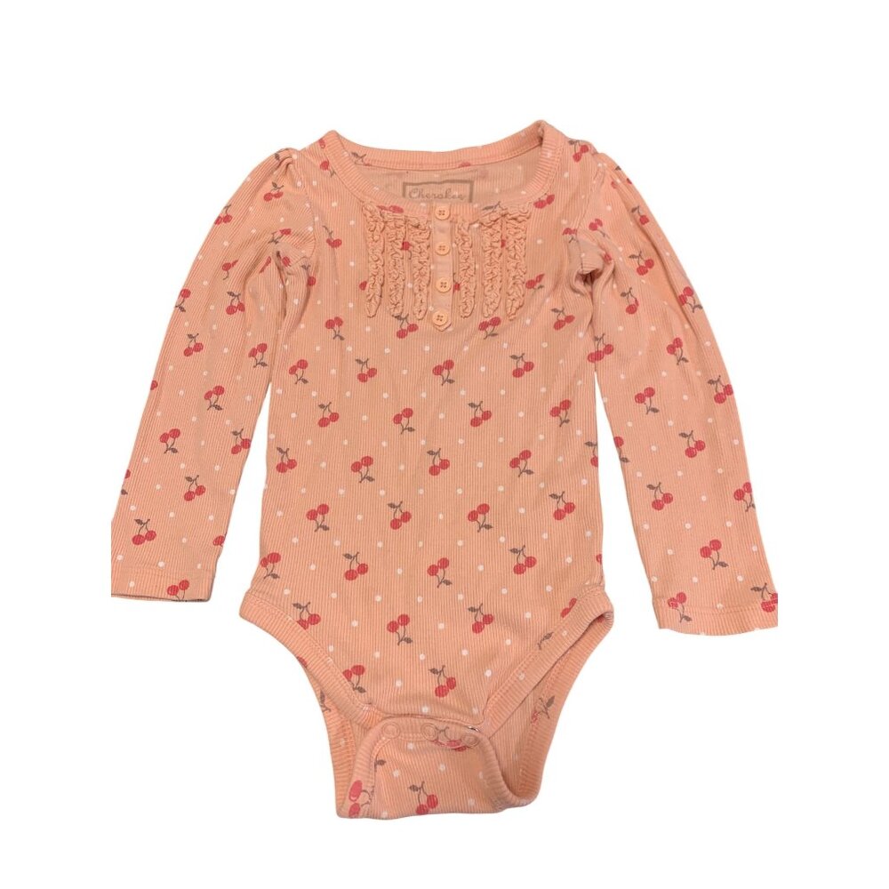 Cherokee 24M Peach Cherry‎ Print Henley Bodysuit Button Ruffle